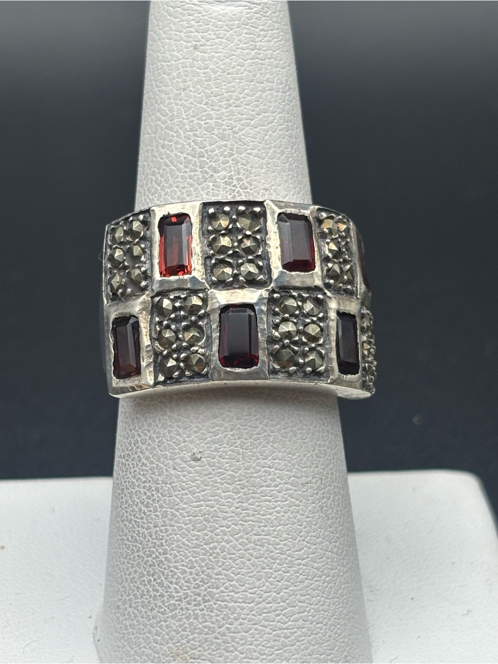 Sterling Silver Garnet & Marcasite Grid Band Ring - Red